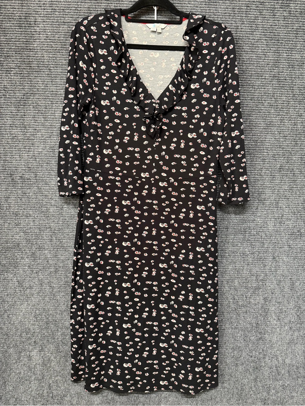 Boden Black Floral Ruffle V-Neck Long Sleeve Dress 12L